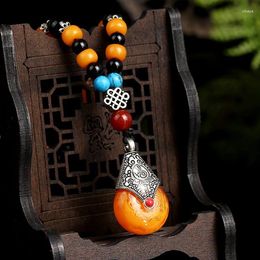 Decorative Figurines Superb Tibetan Vintage Fashion Calaite Necklace Beeswax Pendant Inlay Silver Amulet Hanging