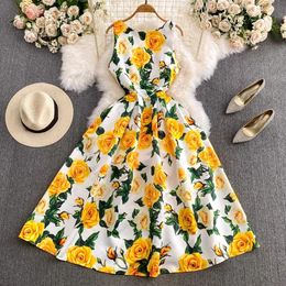 Casual Dresses Fashion Runway Summer Midi Long Women Dress O-Neck Sleeveless Elegant Yellow Rose Print Office Lady Work Wear Vestidos 2024