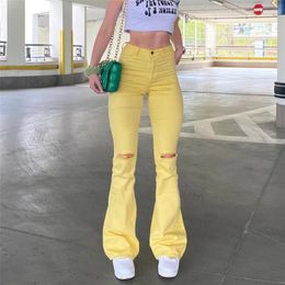 Women's Jeans Women Stretch Flare Yellow Ripped Lady Vintage Y2K Punk High Waist Denim Pants Streetwear Bell Bottom Slim Trousers