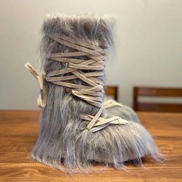 Boots Grey Furry Cross-Strap Platform Mid-Calf Snow Woman Winter 2024 British Style Fashion Round Toe Shoes For Women