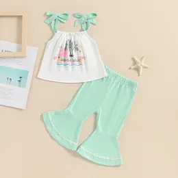 Clothing Sets Summer Children Girls Fashion Tree Print Sleeveless Crop Tops Elastic Waist Flare Pants 2Pcs Casual Kids Clothes