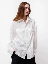 Women's Blouses Women Silk-blend Texture Simple Double-pocket Paper-like Crepe Cuban Collar Long-sleeved Shirt