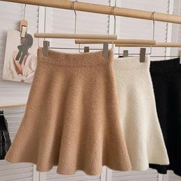 Skirts Women Fall Winter Elastic High Waist Imitated Mink Hair Mini Skirt Solid Color Furry Pleated Flared A-Line Short 066C