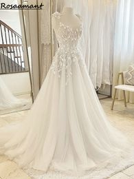Real Image Spaghetti Straps 3D Flowers Wedding Dresses A-Line Illusion Appliques Lace Vestidos De Novia Beach Bride Gowns