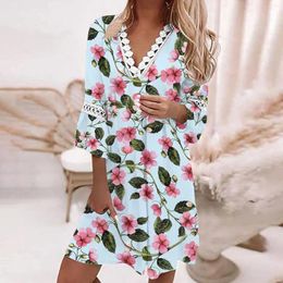 Casual Dresses For Wedding Guest Women Summer Ethnic Style Lace Trim V Neck Floral Printing Three Quarter Vestidos De Fiesta