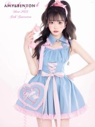 Casual Dresses Sweet Cute Girl Y2K Plaid Stitching Denim Dess For Women Lolita Ball Gown Dress Japanese Kawaii Bow Lapel Slim Mini