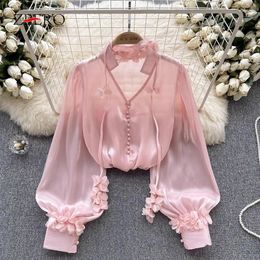 Women's Blouses Korean Women Summer Sweet Applique Lace Up Female Long Lantern Sleeve Purple Chiffon Blouse See Through Top Blusas Mujer