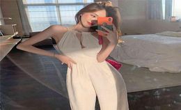 Sexy Halter Sleeveless JumpsuitsRompers White Casual Jumpsuits Women Summer Temperament High Waist Loose Straight Hollow Out 21042139860