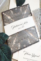 Dark GRAY CHANTILLY LACE Laser Cut Wrap Invitation Antique Square Laser Cut Wedding Invitation with Blush Insert and Belly Band5339869