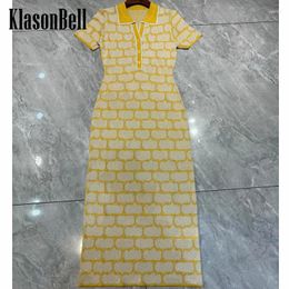 Party Dresses 1.21 KlasonBell High Quality Letter Metallic Bright Silk Jacquard Turn-down Collar Elegant Slim Knitted Maxi Dress Women