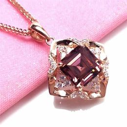 Chains Necklace For Woman Plated 14k Rose Gold Inlaid Rhombus Ruby Pendant Exquisite Wedding Engagement Jewelry Gift