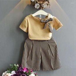 Clothing Sets Girls' Summer Short-Sleeved T-Shirt Striped Wide-Leg Pants Suit Fashion Children'S Bow Two-Piece Set
