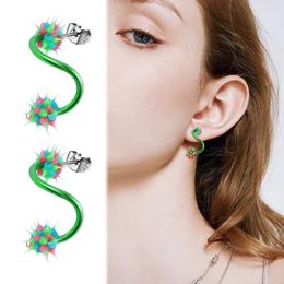 Stud Earrings 1 Pair Green S-shaped Studs Earring Spiral Stainless Steel Silicone Ball Creative Ear Piercing Jewellery