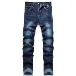 Men's Jeans Loose Rivet Straight Micro Stretch Pocket-back Embroidered Denim Pants Dark Blue Autumn Winter 2024 Fashion