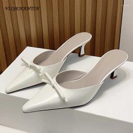 Slippers High Quality Handmade Genuine Leather Women Heel Shoes Bowtie Decor Pointed Toe Kitten Concise Outdoors Mullers