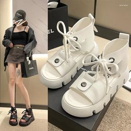 Dress Shoes Soft Leather Sponge Cake And Fish Mouth Cool Boots Women'S Strap Summer Retro High Top Thick Sole Hollow Roman Sandals