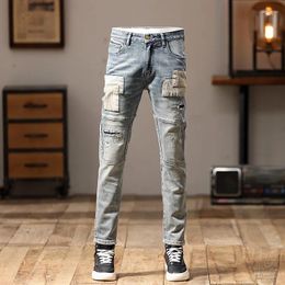 Men's Jeans Nostalgic Retro Biker's Stitching Patchwork Street Slim Fit Skinny Embroidered Ruan Handsome Personality Trousers