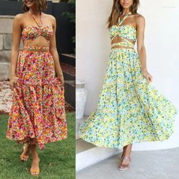 Work Dresses AYUALIN Beach Wear Floral Print Summer Skirts Suit For Women 2024 Vintage Sleeveless Backless Crop Tops Boho Loose Set