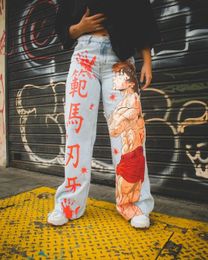 Harajuku Anime Graphic wide leg jeans Streetwear Y2K Jeans Men Women Japanese Style High Waist Jeans Wide Trouser Pants 240430