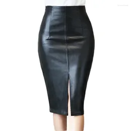 Skirts Autumn Winter Women Sexy Midi Leather Solid Black High Waist Office Pencil Slit Skirt For