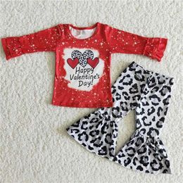 Clothing Sets Spring Fashion Kids Valentine Hearts Leopard Print Flared Pants Set Boutique Wholesale Baby Girls Children Outfits