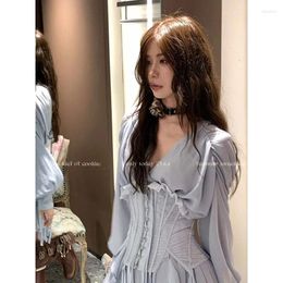 Work Dresses V Neck Shirt Women Dress Two Piece Sets Outifits Ruffle Lace Up Corset Skirt Suit Spring Summer Beach Elegant Top Y2k Chic