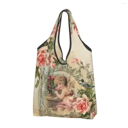 Storage Bags Victorian Angel Vintage Rose Grocery Shopping Bag Fashion Shopper Shoulder Tote Large Capacity Portable Handbag