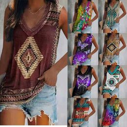 Women's T-Shirt Women Ethnic Style Slveless T-shirt Vest Multi-pattern Print V-neck Casual Loose Shirts Blouse Tank Top Camisoles Strt Style T240505