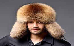 2021 Russian Leather Bomber Hat Men Winter Hats with Earmuffs Trapper Earflap Cap Man Natural Raccoon Warm Thick Fox Fur Black New6012463