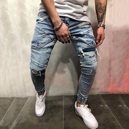 Fashion- Men Jeans Mens High Quality Slim Casual Pants Elastic Trousers Light Blue Fit Loose Cotton Denim Fashion Jeans For Male 264m