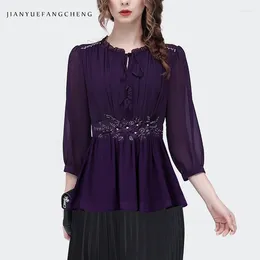 Women's Blouses 2024 Spring/Summer French Style Pleated Chiffon Shirt Top Purple Beaded Cinched Waist 3/4 Sleeve Bottom Applique