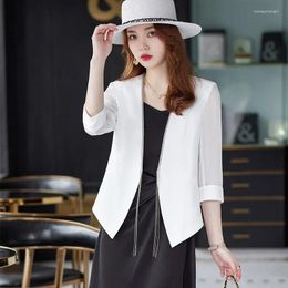 Women's Suits Plus Size S-4XL Women Short Blazer Jacket Chiffon Thin Sequins Tassels Three Quarter Sleeve Spring Summer Autumn Elegant Slim