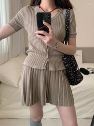 Work Dresses Korea Lady Fashion Knitted Suits For Women Short Sleeves Top Pleated Mini Skirt 2024 Summer Casual Two Pieces Sets