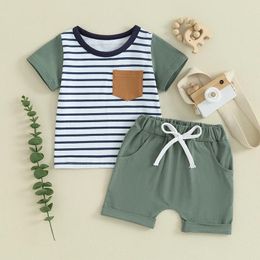 Clothing Sets Toddler Baby Boy Summer Clothes Plaid Patchwork Short Sleeve T Shirt Tops And Stretch Shorts Infant Outfit