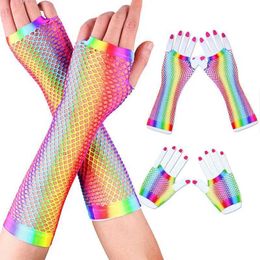 Sleevelet Arm Sleeves 1pair Rainbow Colour Ladies Sexy Mesh Net Fishnet Gloves Women Hollow Out Holes Fingerless Lady Disco Dance Costume Mitten Q240430