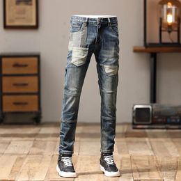 Men's Jeans Motorcycle Stitching Patchwork Slim Fit Light Straight-Leg Trendy Clothing Pu Shuai Personality Trousers