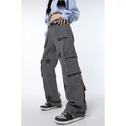 Women's Jeans Retro Grey High Waist Women Straight Leg Star American Fashion Street Apparel Wide Pants