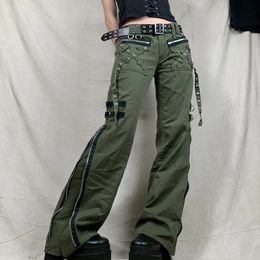 Womens pants Gothic punk bag retro Kawaii Trousers bandage low waisted cargo pants Grunge green zippered jeans Korean sports pants 240426