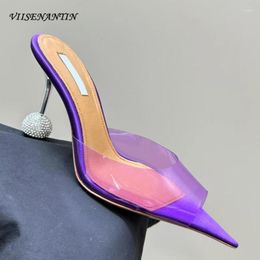 Slippers 2024 Style Transparent PVC Pointed Toe Women Slipper Luxury Crystal Ball Thin High Heels Females Mules Slides Summer Sandals