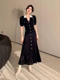 Party Dresses In Spring/Summer Women Long Knitted Dress High Quality Navy Blue Ankle-Length Collared Button Down Viscose Strecth