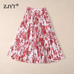 Skirts ZJYT Floral Print Cotton Pleated For Women Summer Runway Fashion High Waist Vintage Mid Calf Skirt Casual Faldas Female