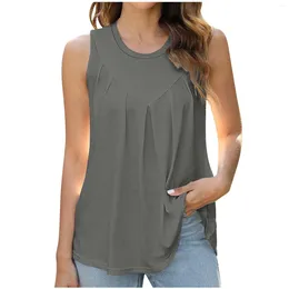 Women's Tanks Camisoles Tops Ladies Fashion Casual Solid Colour Crew Neck Loose Flowing Pleated Sleeveless Clothes For Women