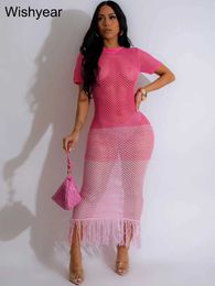 Basic Casual Dresses Gradient womens sexy crochet knit tassel top beach dress hollow transparent long summer pink swimwear club vest Q240430