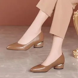 Dress Shoes Pointed Toe Office Work Formal Normal Leather Casual For Women With Medium Heels Khaki Block Heel Woman Footwear Chunky E