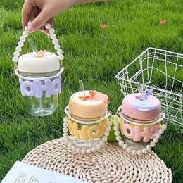 Water Bottles 350ml Cute Glass Double Drinking Bottle Portable Straw Sports Cup Kettle Travel Canteen With Detachable Pearl Handle
