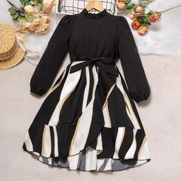 Girl Dresses Kids Casual Dress For Girls Clothes 2024 Autumn Children Fashion Long Sleeve Striped Patched Black Princess With Belt
