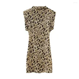 Casual Dresses Crew Neck Leopard Print Sleeveless Dress For Woman Sexy Half Turtleneck Large Cuffs Slim Midi Lady Streetwear