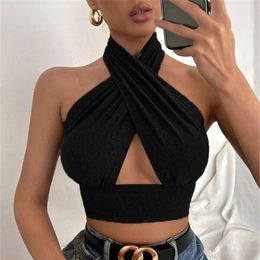 Women's Tanks Sexy Women Tank Crop Tops Cross Hollow Padded Camisole Halter Hanging Neck Pure Colour Backless Slim Vest Summer Beach