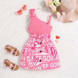 Clothing Sets 2024 Summer Child Clothes Sleeveless Bow Tops Letter Pink Shorts 2 Piece Designer Girls 8-12T