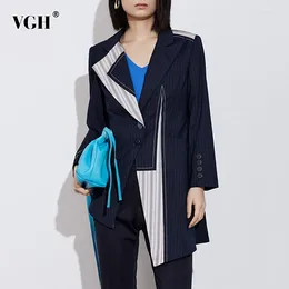 Women's Suits VGH Hit Colour Striped Printing Irregular Hem Blazer For Women Notched Collar Long Sleeve Patchwork Button Slim Blazers Female